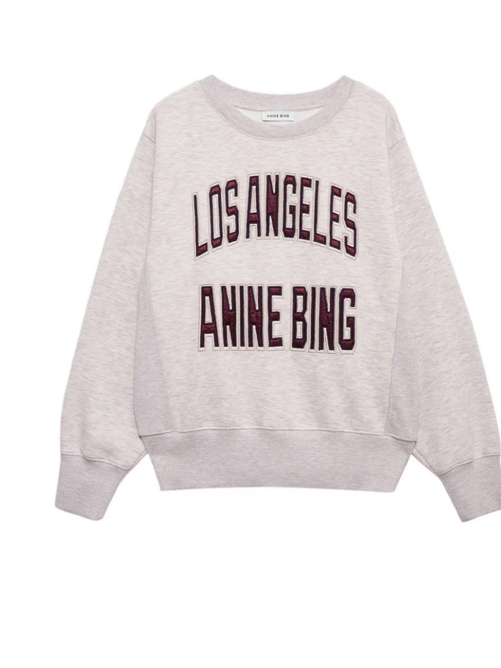 Anine Bing Crewneck Sweatshirt in Heather Light Gray with Maroon Lettering